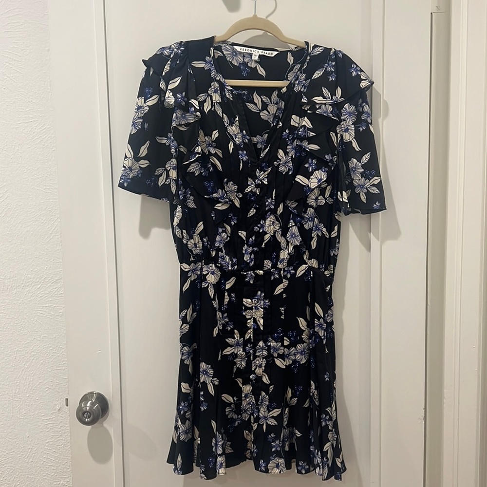 Veronica Beard Silk Black and Navy Floral Dress